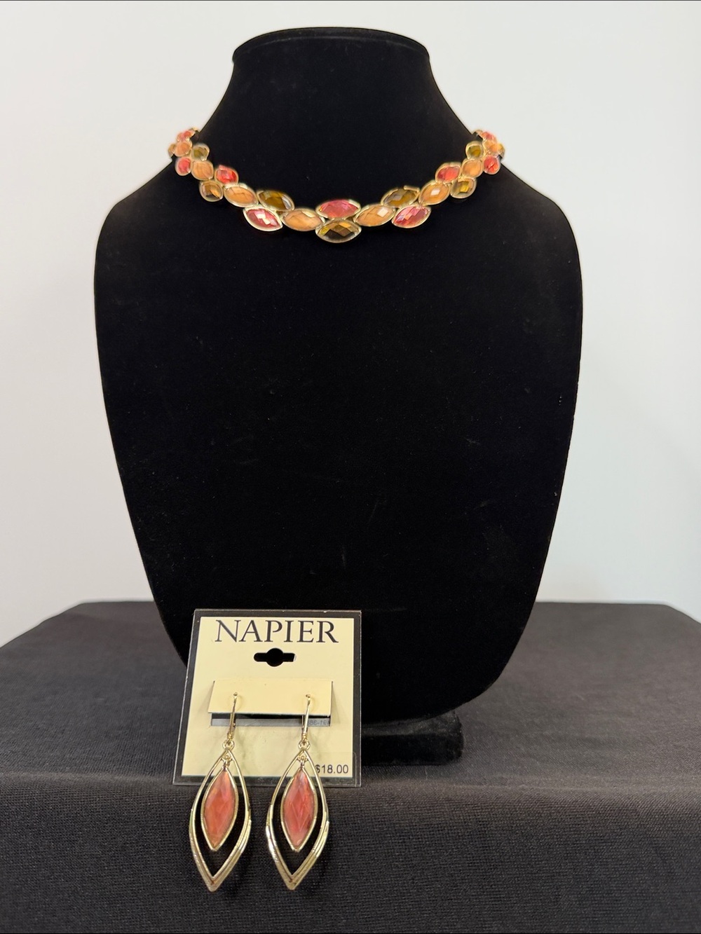 Napier Gold-Tone Necklace and Earrings with Coral and Peach Marquise Stones